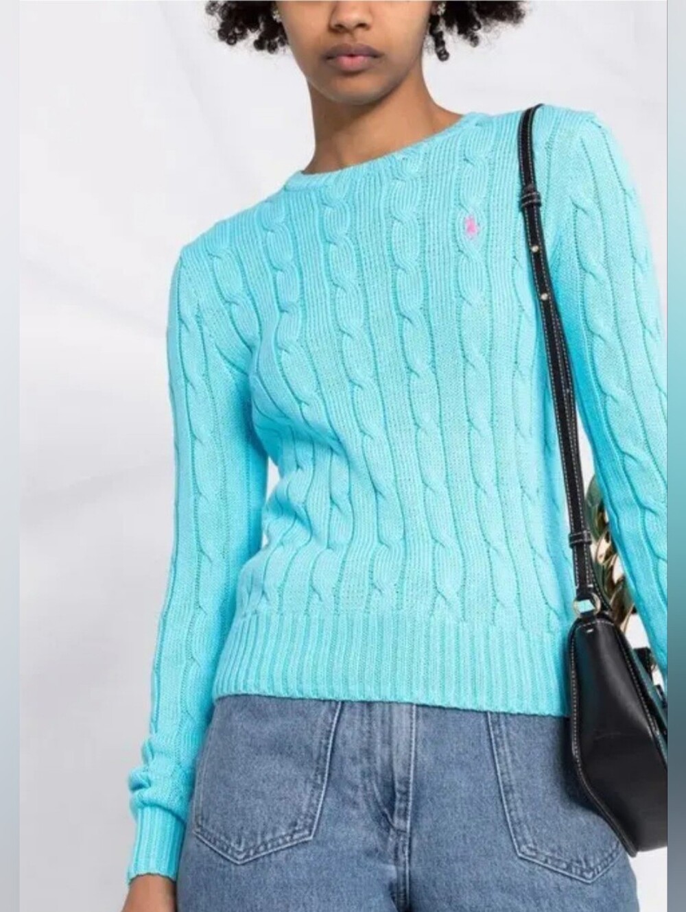 Polo Ralph Lauren cable-knit crewneck sweater Blue Pink Preppy Quiet Luxury - Picture 1 of 10